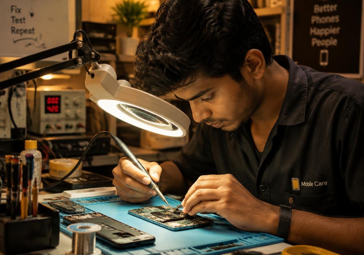 Technician repairing phone motherboard